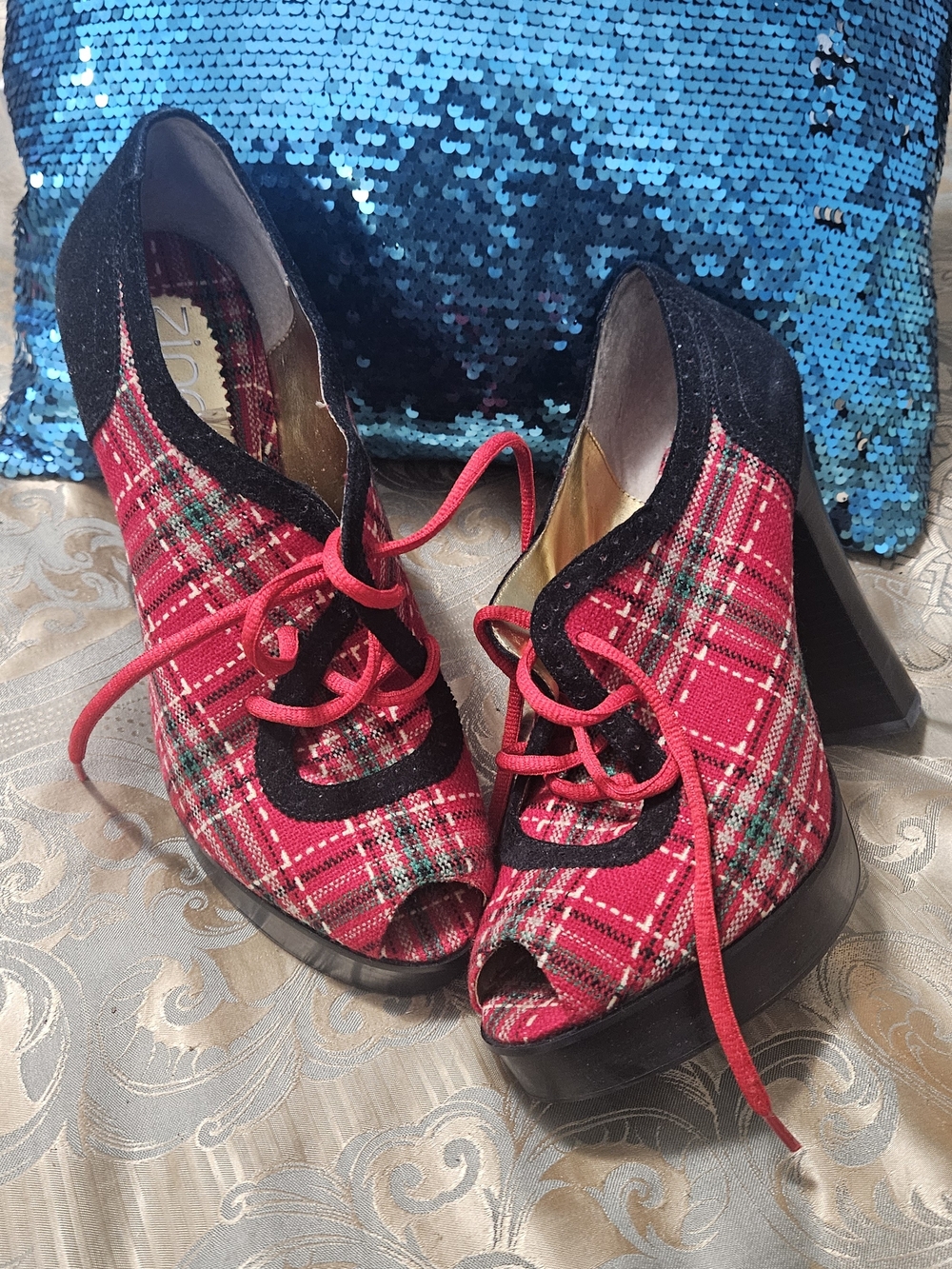 zinc Red Plaid Peep-Toe Lace-Up Heels with Black Trim, Size 10